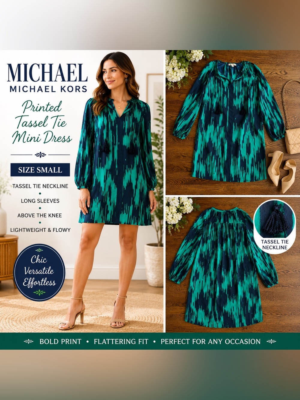 Michael Kors Printed Tassel Tie Mini Dress Green Navy Long Sleeve Size Small